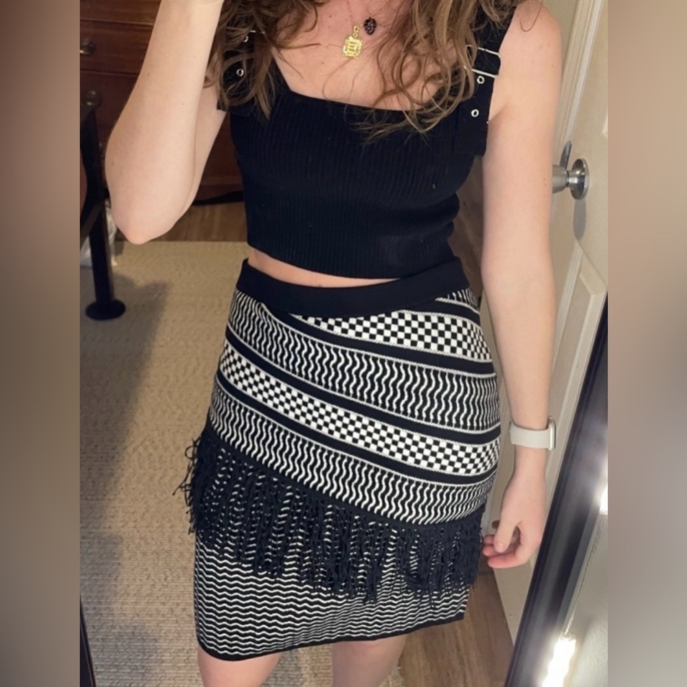 BCBGMaxAzria Black and White Fringe Mini Skirt